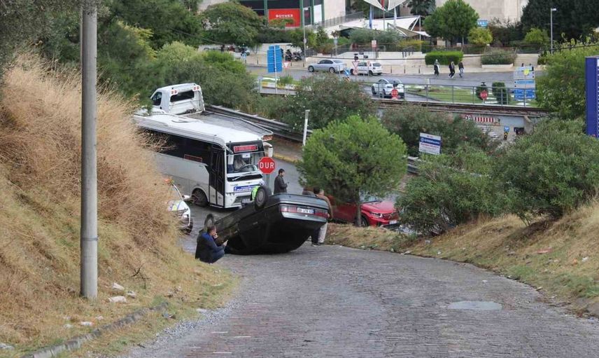 Freni boşalan otomobil takla attı, yaralanan yok