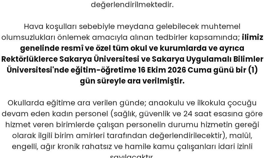 Sakarya'da eğitim bir gün daha tatil edildi: Şiddetli yağış uyarısı sonrası önlem alındı