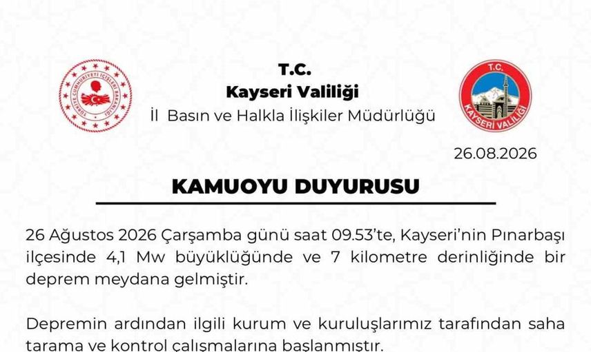Kayseri'de 4.1 büyüklüğündeki deprem sonrası herhangi bir olumsuzluk gözlemlenmedi
