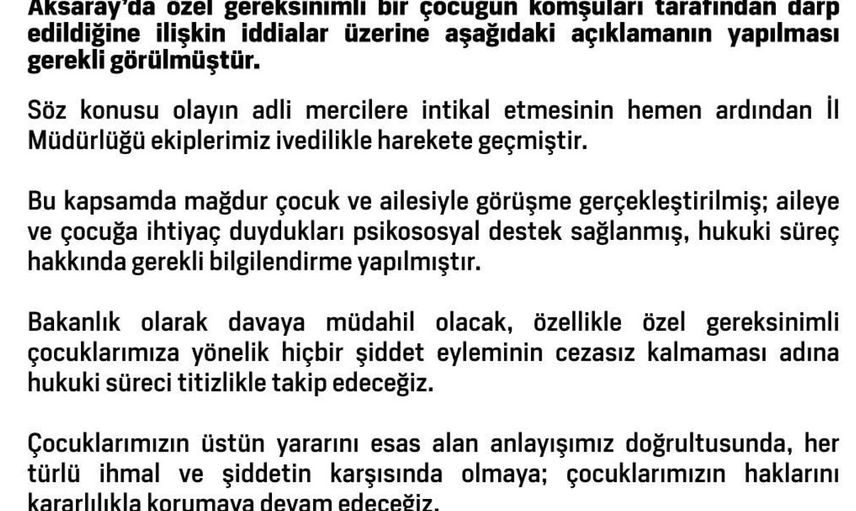 Aksaray’da komşuları tarafından darbedilen çocuğa psikososyal destek sağlandı