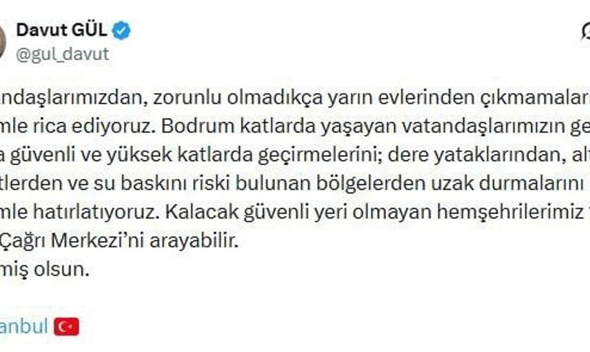 İstanbul Valisi'nden yağış uyarısı: Zorunlu olmadıkça evden çıkmayın