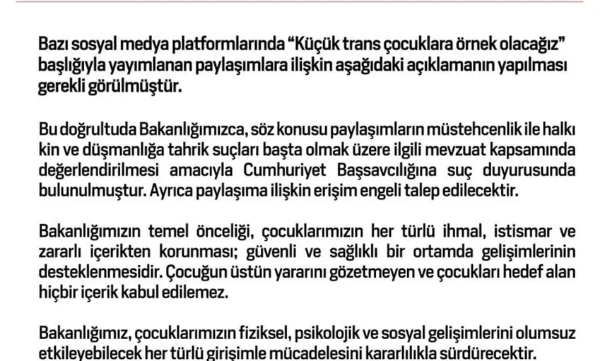 Aile ve Sosyal Hizmetler Bakanlığından küçük trans çocuklara yönelik paylaşımlara suç duyurusu