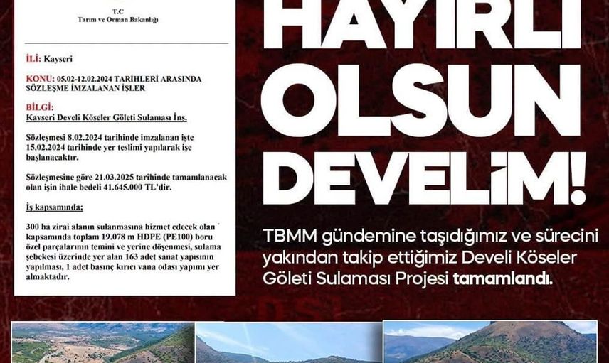 Develi'ye sulama projesi müjdesi: Baki Ersoy'un yaptığı yatırım çiftçileri sevindiriyor