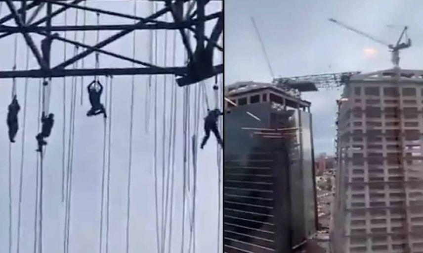 İnşaat iskelesi bir anda çöktü: 150 metre yüksekte asılı kaldılar