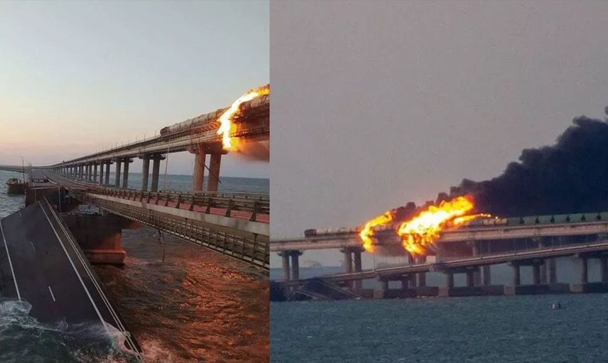 Kırım Köprüsü'nde patlama! Alevler metrelerce yükseldi görüntüler endişe yarattı