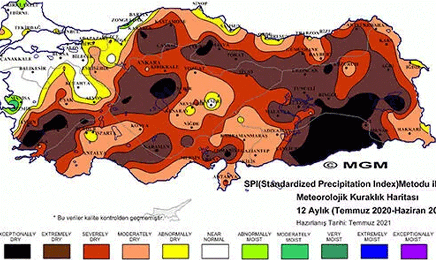 Meteoroloji Genel Müdürlüğü'nün Yayınladığı Haritada 'Olağanüstü Kuraklık' Tehlikesi Görüldü