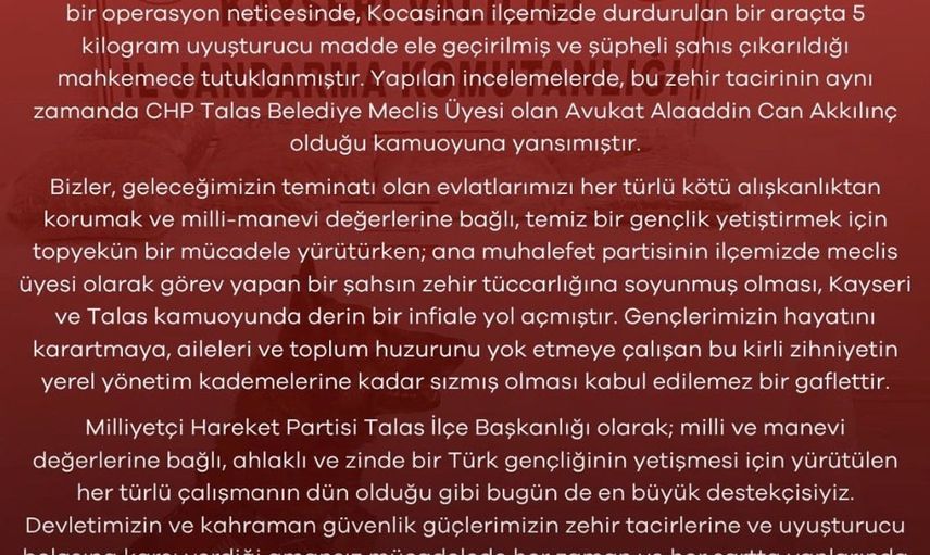 MHP’den uyuşturucuyla yakalanan CHP’li meclis üyesine tepki