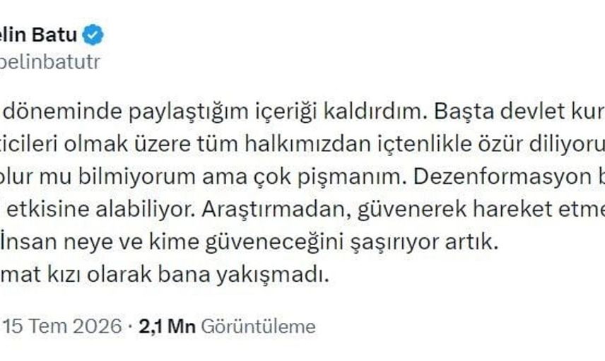 Pelin Batu, deprem paylaşımı sonrası özür diledi