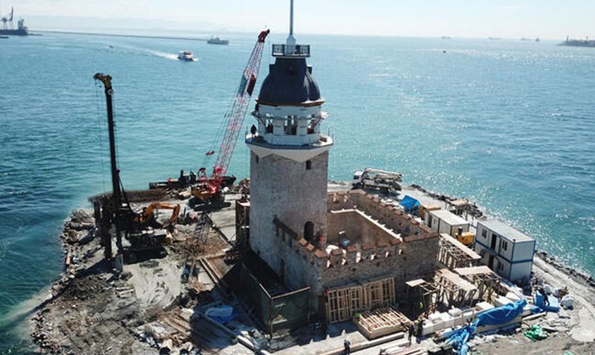 Restorasyon sürecinden geçen Kız Kulesi’nin son hali havadan görüntülendi